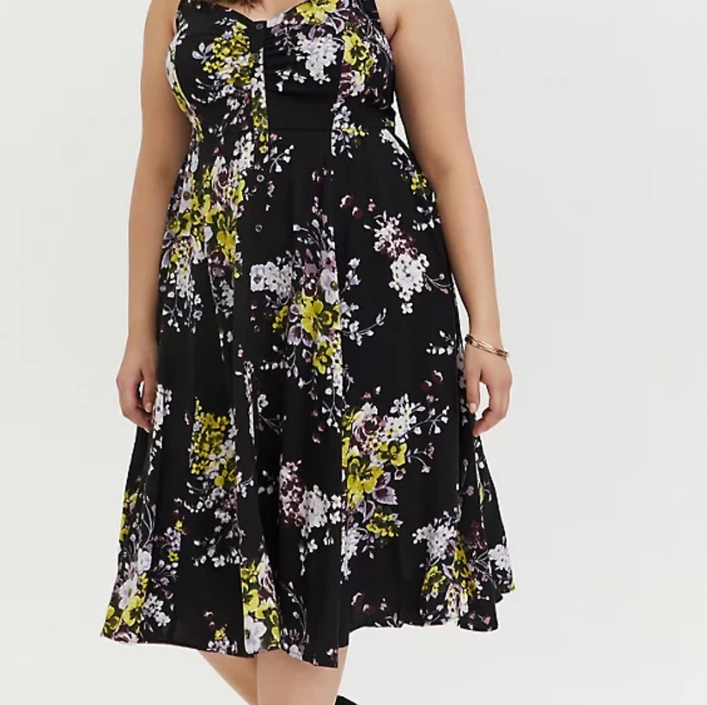 Torrid Black and Floral Buttoned Skater Dress
